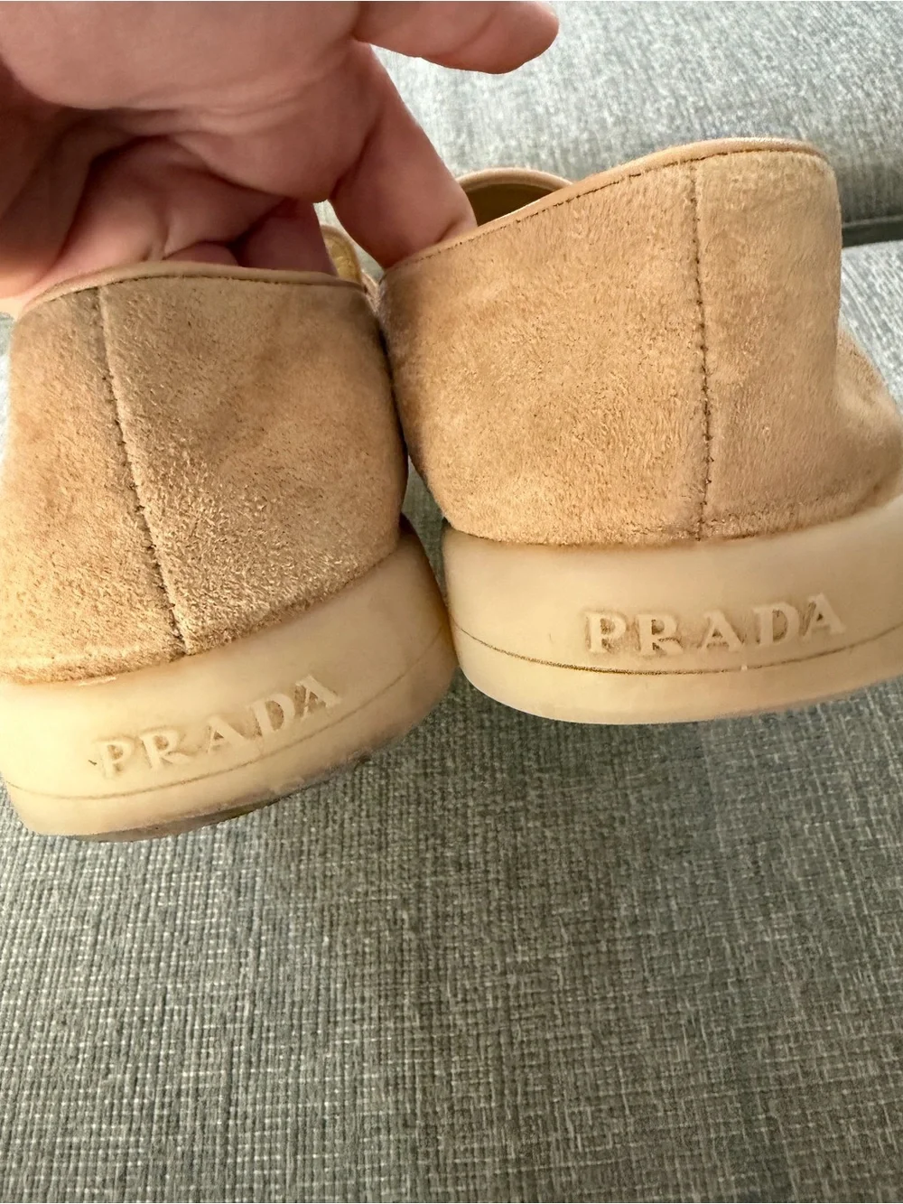 Prada Ecru Suede Loafers Metal Logo $1100